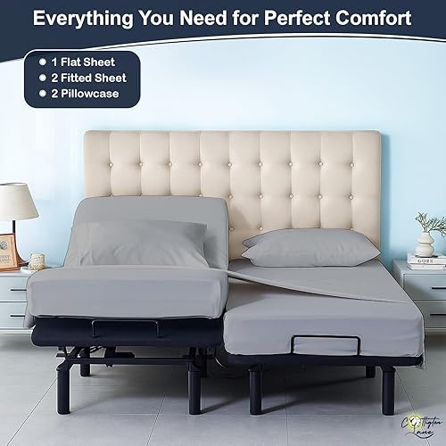 Miniatura 4 de Juego de sábanas divididas tamaño King de 5 piezas para camas ajustables, 400 hilos, 100% algodón, con 2 sábanas bajeras, 1 sábana encimera y 2