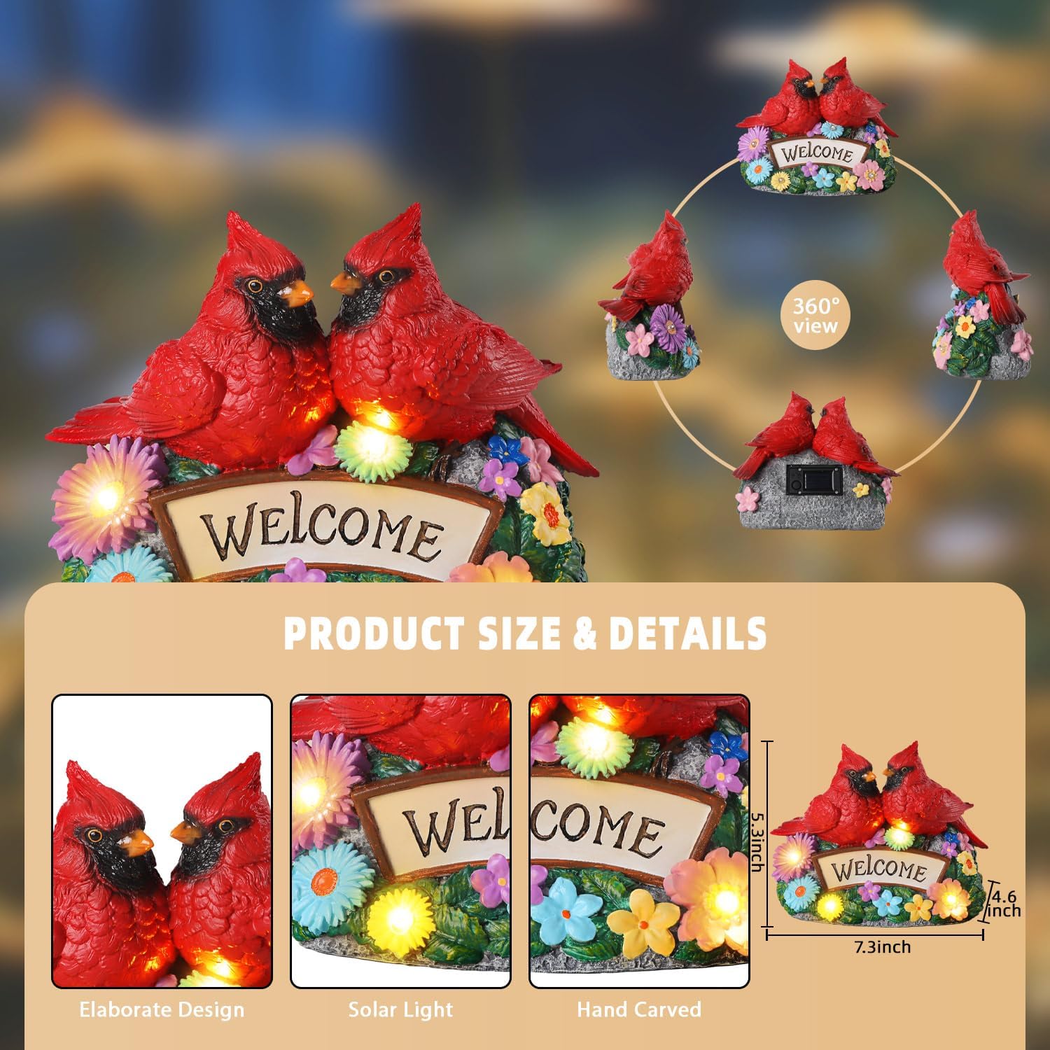 Solar Garden Statues 5.3" Couple Red Cardinal Figurines with Welcome Sign Waterproof Flower Garden Decor LED Lights for Outdoor Yard Patio Lawn Gifts for Mother Grandma Wife Sister Women - Image 8