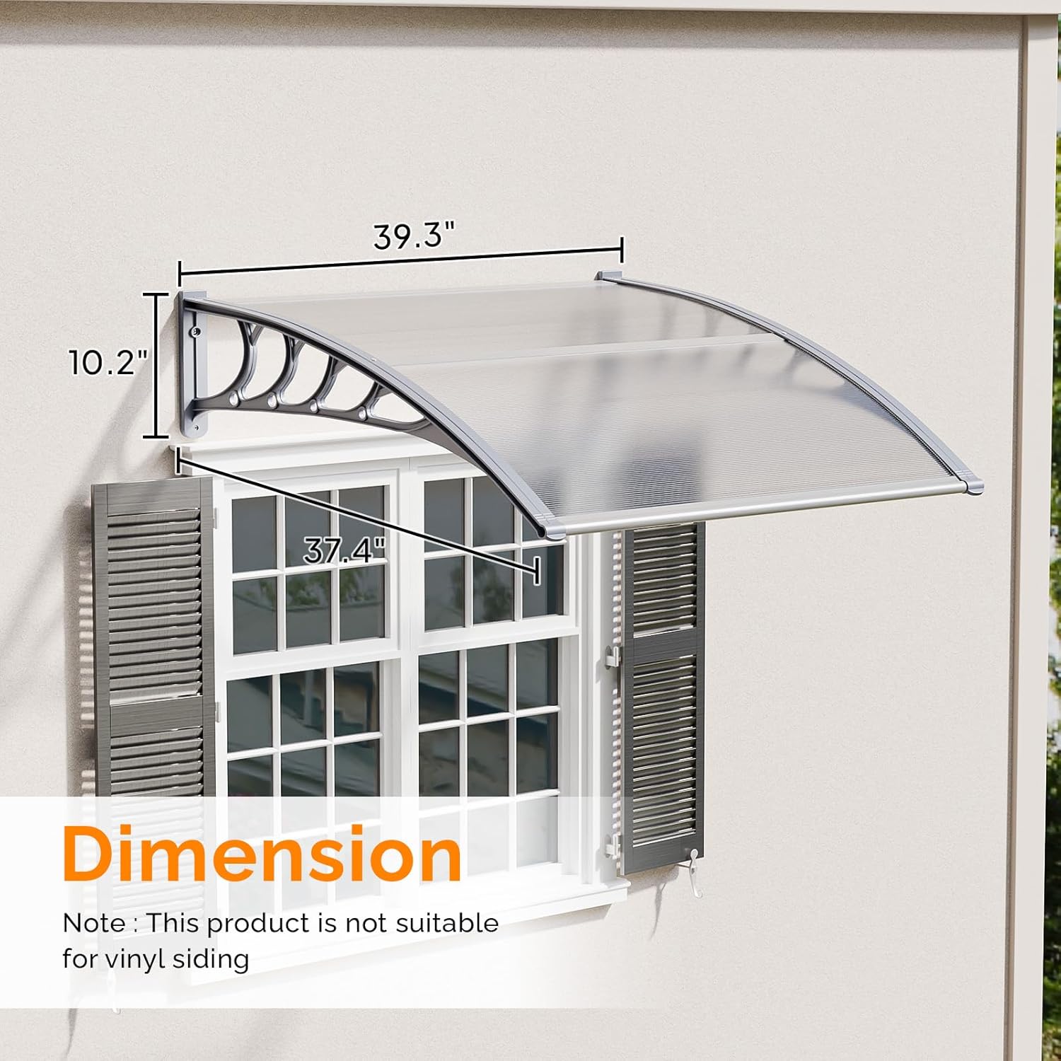 VINGLI Window Awning Door Canopy, 40" x 40" Awnings for Doors Polycarbonate Cover Outdoor Door Canopy Exterior Patio Door Awning Rain Snow Sunlight Protection Hollow Sheet (Clear Board & Grey Bracket)