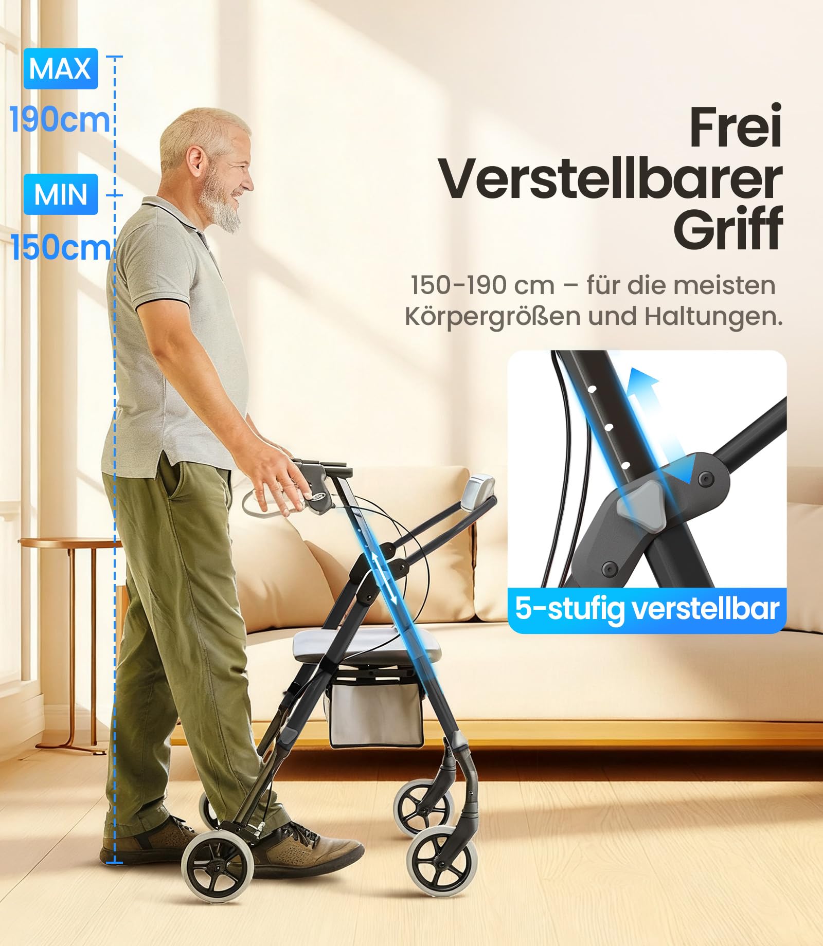 VOCIC Z11 Rollator faltbar und leicht mit Sitz, Max 172kg, Rollator schmal für wohnung, Rollatoren leicht klappbar für Senioren, Ergonomischer Sitz, höhenverstellbar, Obsidian, 5 Jahre Support