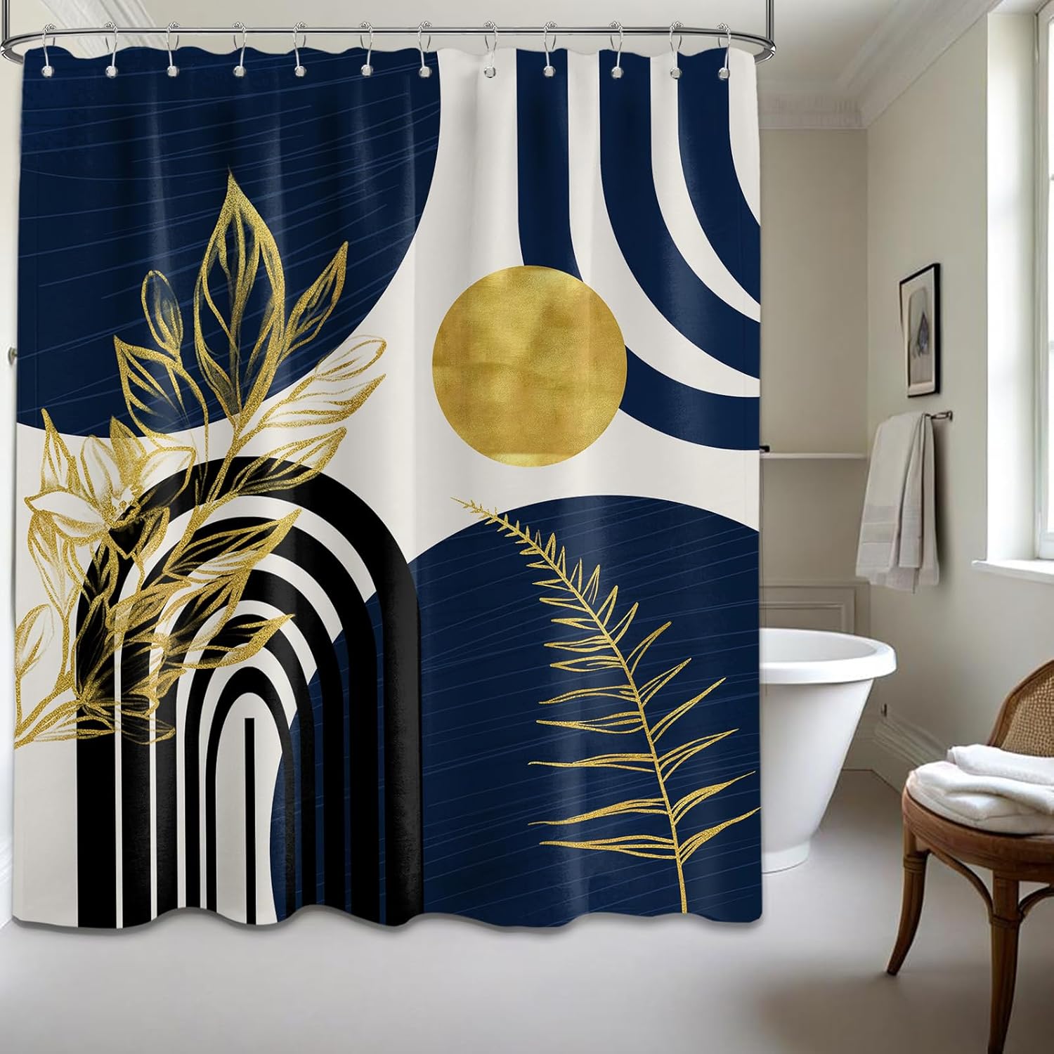 Navy Blue Shower Curtain Dark Royal Blue and Gold Boho Mid Century Modern Shower Curtains for Mens Bathroom Decor, Waterproof Fabric 72 x 84 inch with Hooks