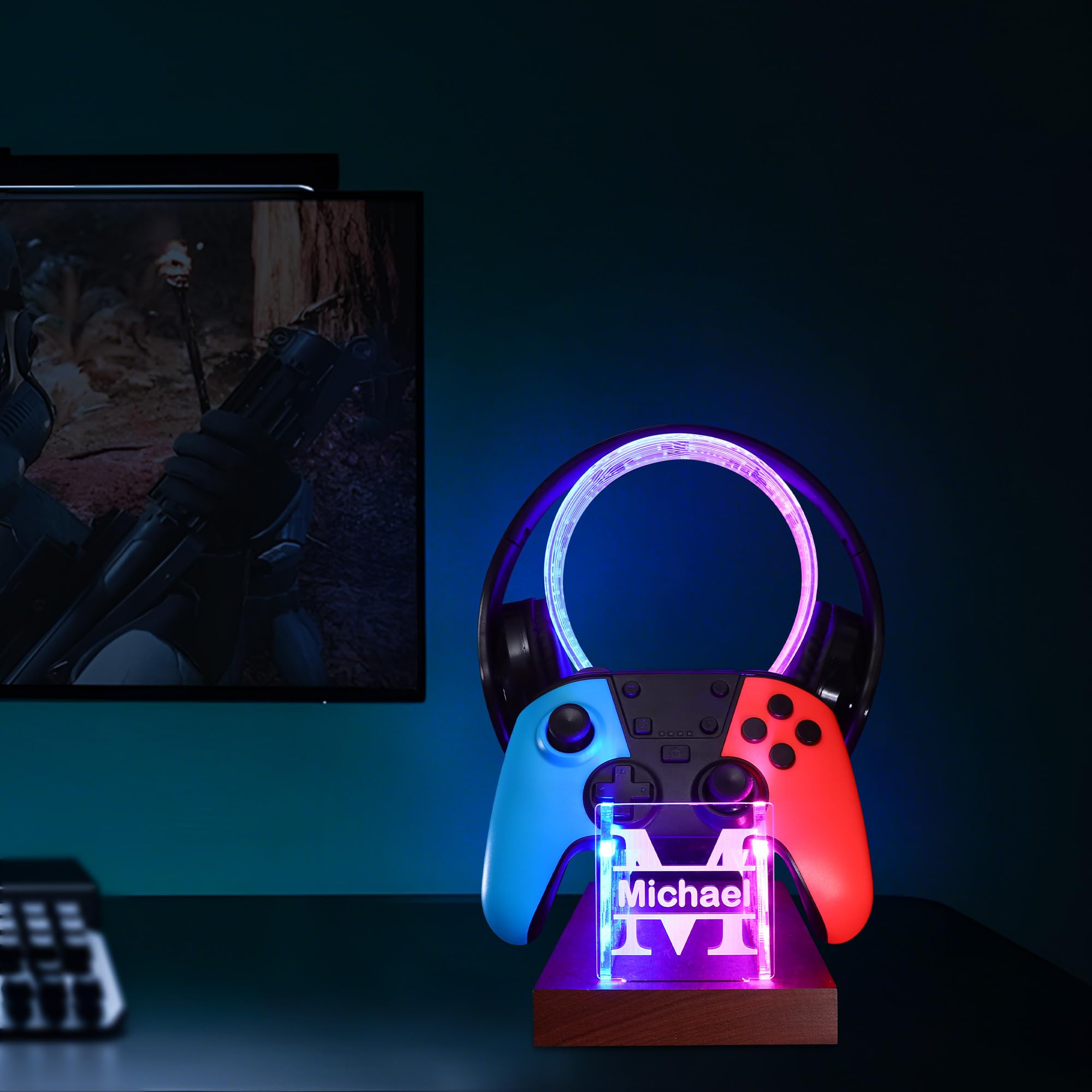 YuanDian Regalos para jugadores adolescentes, auriculares de escritorio y soporte de controlador con luz nocturna LED azul y rosa, soporte de controlador de madera acrílica con patrón de PCB, regalo