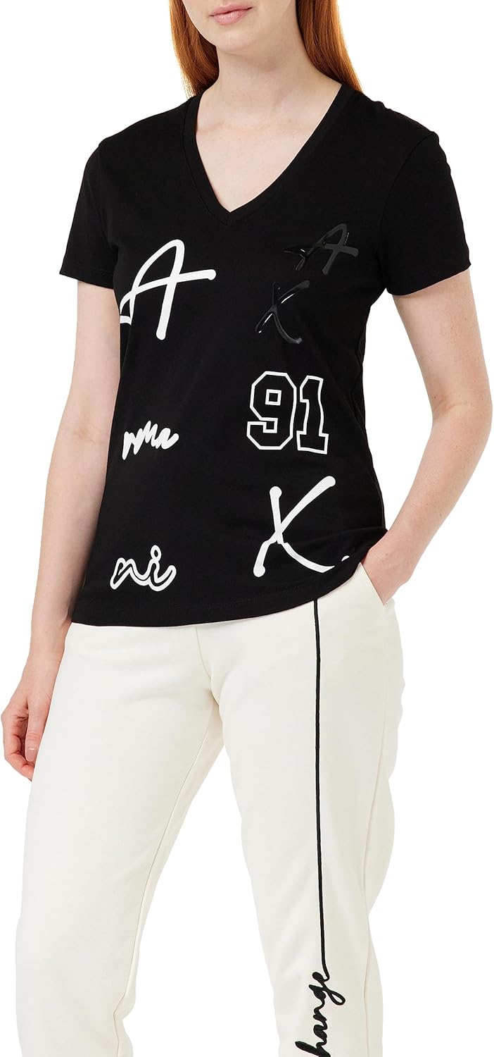 Armani Exchange Womens Cotton Jersey V Neck All Over Logo Tee