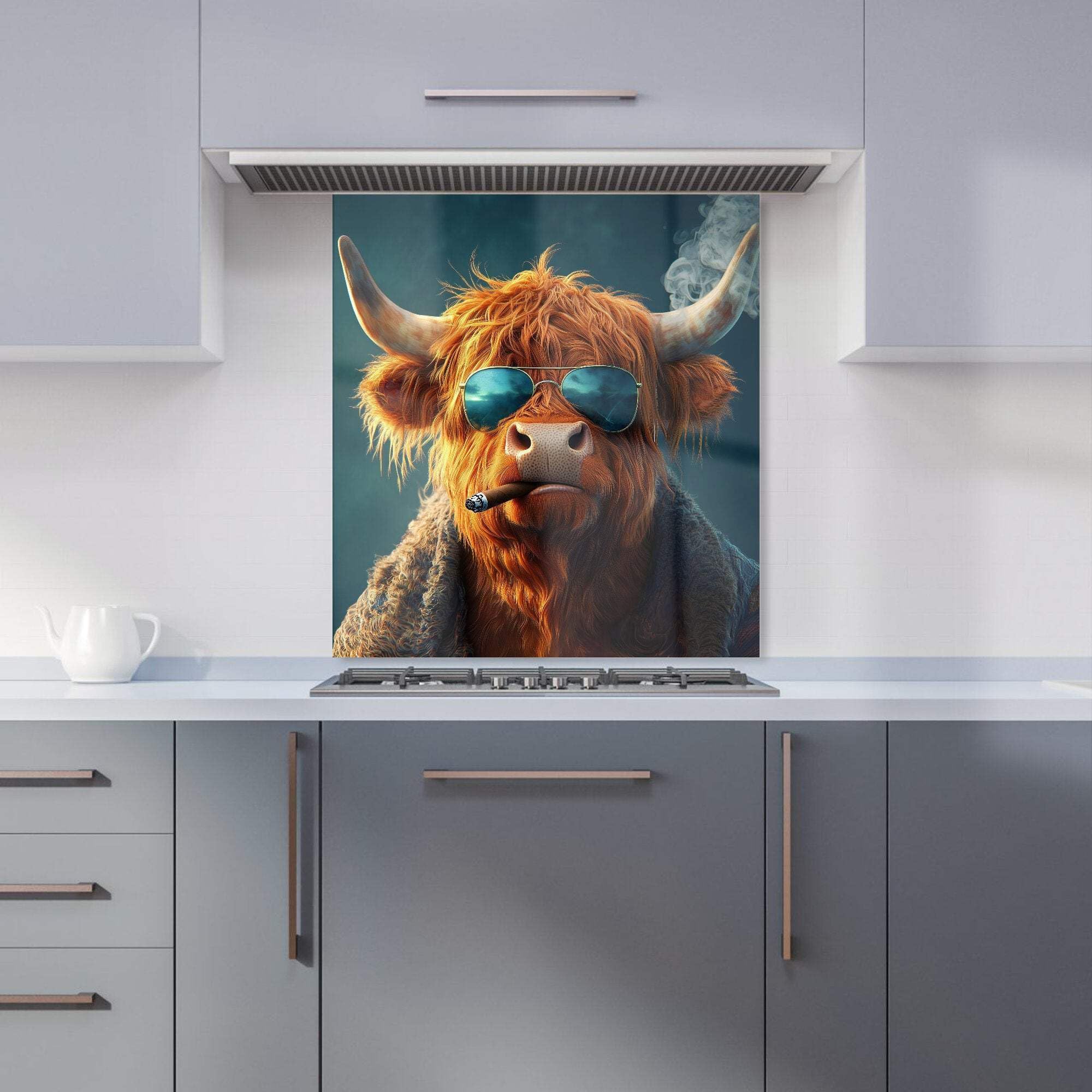 Highland Cow With Glasses Kitchen Splashback - Warren Reed - Toughened Glass - W700mm x H750mm