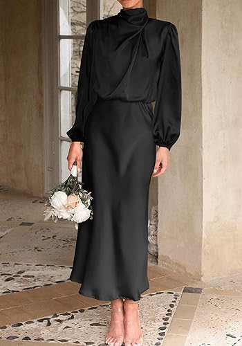 Miniatura 7 de BTFBM Vestido de satén con cuello alto falso para mujer, para primavera y verano, manga larga, ligero, formal, para boda, fiesta, maxi vestidos de