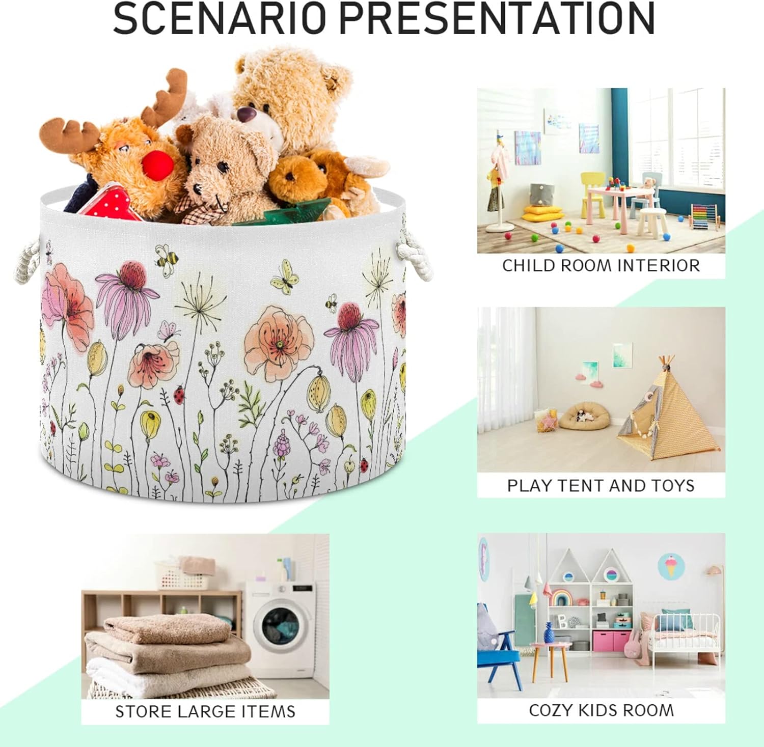 xigua Cotton Rope Basket Colorful Wildflowers Baby Laundry Basket Blanket Kids Toy Storage Basket