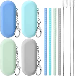 Meanplan 4 Sets Silicone Reusable Drinking Straws with Cases and Cleaning Brushes