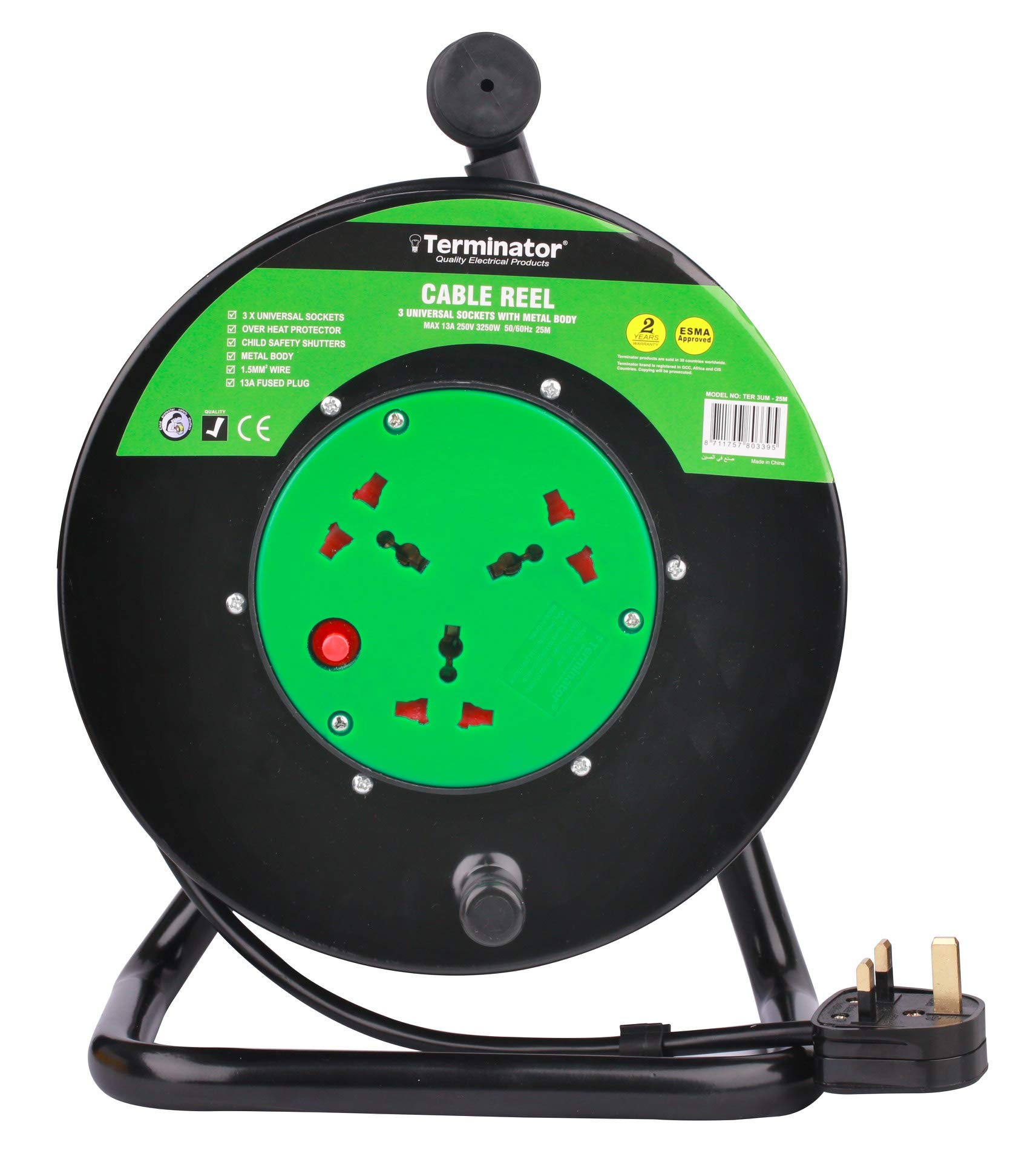 Terminator AHA 3 Way Universal Power Extension Reel Metal Over Heat Protector 25M Cable 3x1.5MM2 With 13A Fuse Plug