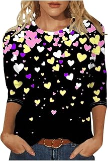Women Valentines T Shirts 3/4 Sleeve Tshirts Blouse Funny Love Heart Graphic Tees Tops Girls Outfits Clothes