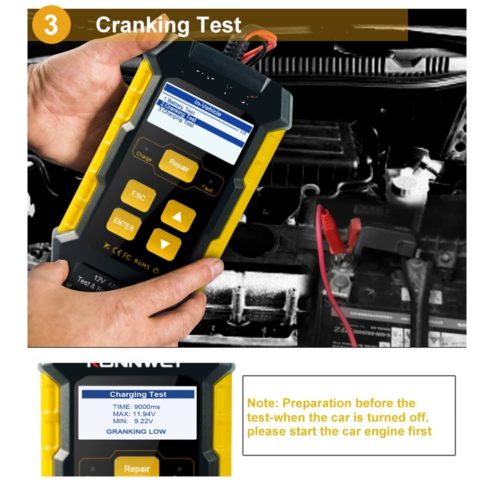 Probador de Batería, Kw510 Probador de batería for automóviles Reparación pulsos Cargadores Herramienta mantenimiento automático Dispositivo diagnóstico automotriz