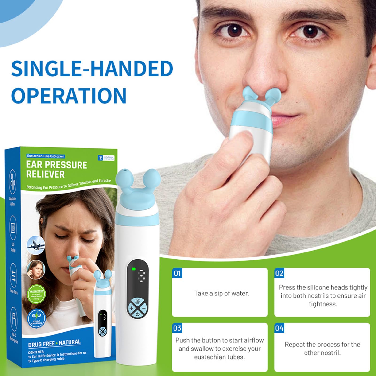 Dispositivo per alleviare la pressione 'orecchio, con testine in silicone, strumenti da viaggio a 3 modalità, per adulti, per volare, immersioni, snorkeling, aereo, viaggi in altitudine, squilli