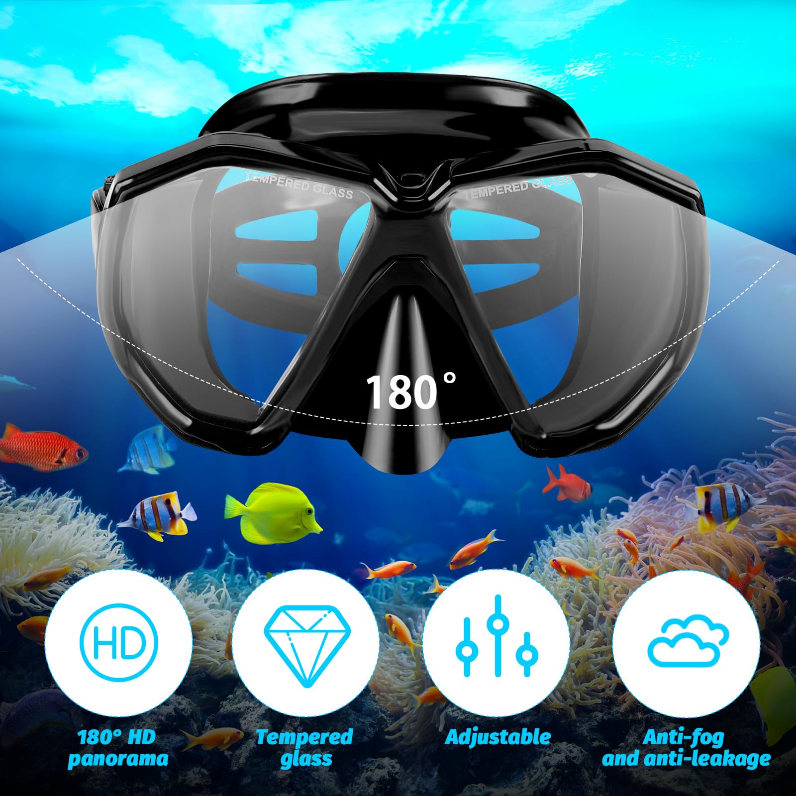 Masque De Plongée Et Tuba Farerkass - Verre Trempé Anti-Buée - Vision 180° - Complet Avec Sac