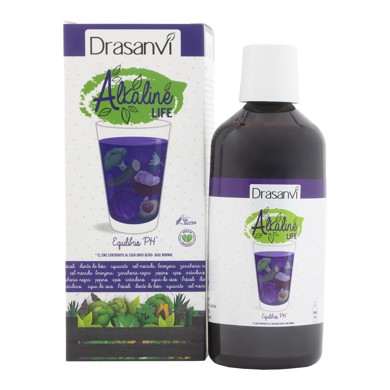 DRASANVI ALKALINE LIFE - Manzana + Mirtilo + Brócoli + Potasio + Magnesio - Ayuda a mantener el equilibrio ácido - base - 500ml