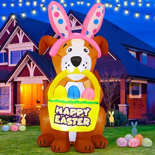GOOSH Inflables de Pascua de 5.2 pies para decoración al aire libre, lindo perro con huevos de Pascua con LED integrados para fiesta de Pascua,