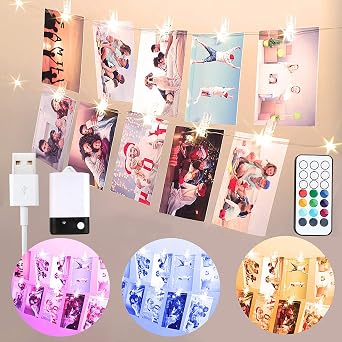 StarryEver 20 LED Photo Clip String Lights, 6.56ft 10 Color Changing Battery Operated & USB Fairy Lights with Remote Timer for Hanging Photo Banner, Cards, Memos, Indoor Ambiance Wall Decor