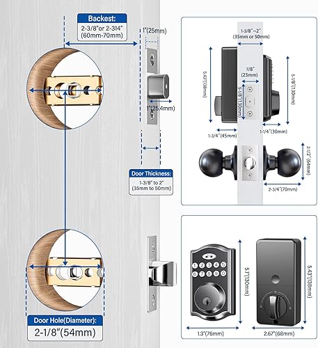 Miniatura 5 de Cerradura de puerta de entrada sin llave con 2 perillas, cerrojo electrónico retroiluminado con asa, bloqueo automático, códigos únicos, cerrojo