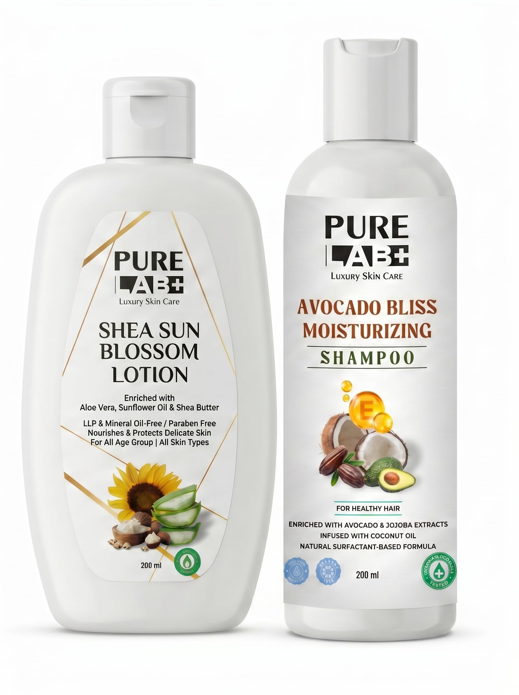 PURE LAB+ Natural Hair & Skin Care Combo – 200ml Avocado Bliss Moisturizing Shampoo & 200ml Shea Sun Blossom Lotion – Enriched with Aloe Vera, Coconut Oil, Sunflower Oil & Shea Butter – Paraben Free & Mineral Oil Free Formula – Suitable for All Skin and Hair Types, All Ages-image-34