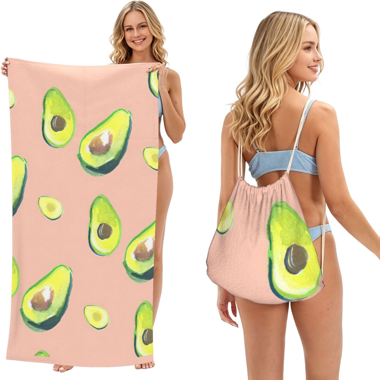 aacxzff Many avocado images Print 2 in 1 Packable Towel Bag, Drawstring Beach Towel Backpack,80x160cm for Beach trips