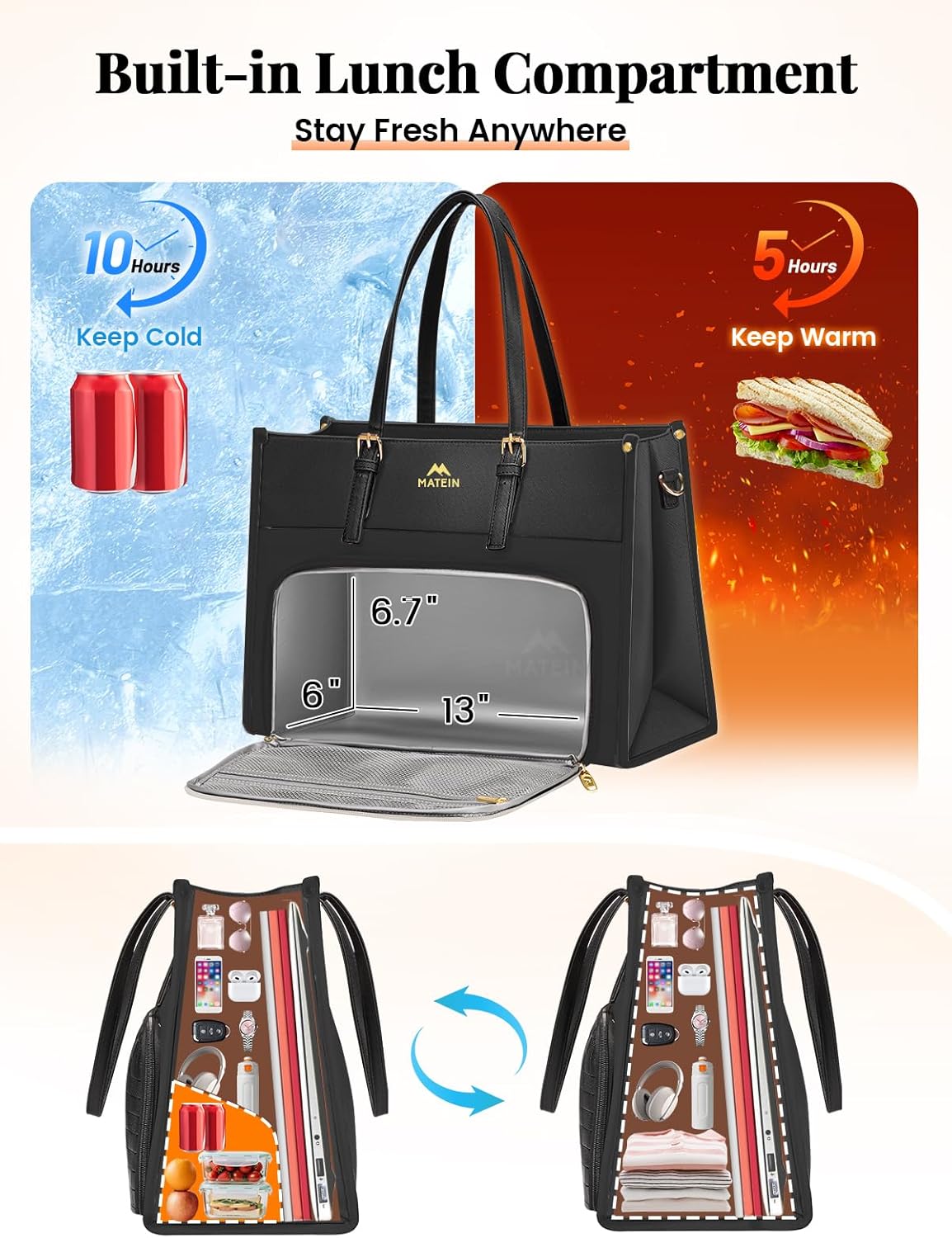 MATEIN Work Tote Bag with Lunch Compartment, Water Resistant 15.6 inch Laptop Handbag with Clutch Purse, Large Women Shoulder Bag with Lunch Box for Business, Office, Daily Use, 2 Sets, Black - Image 3