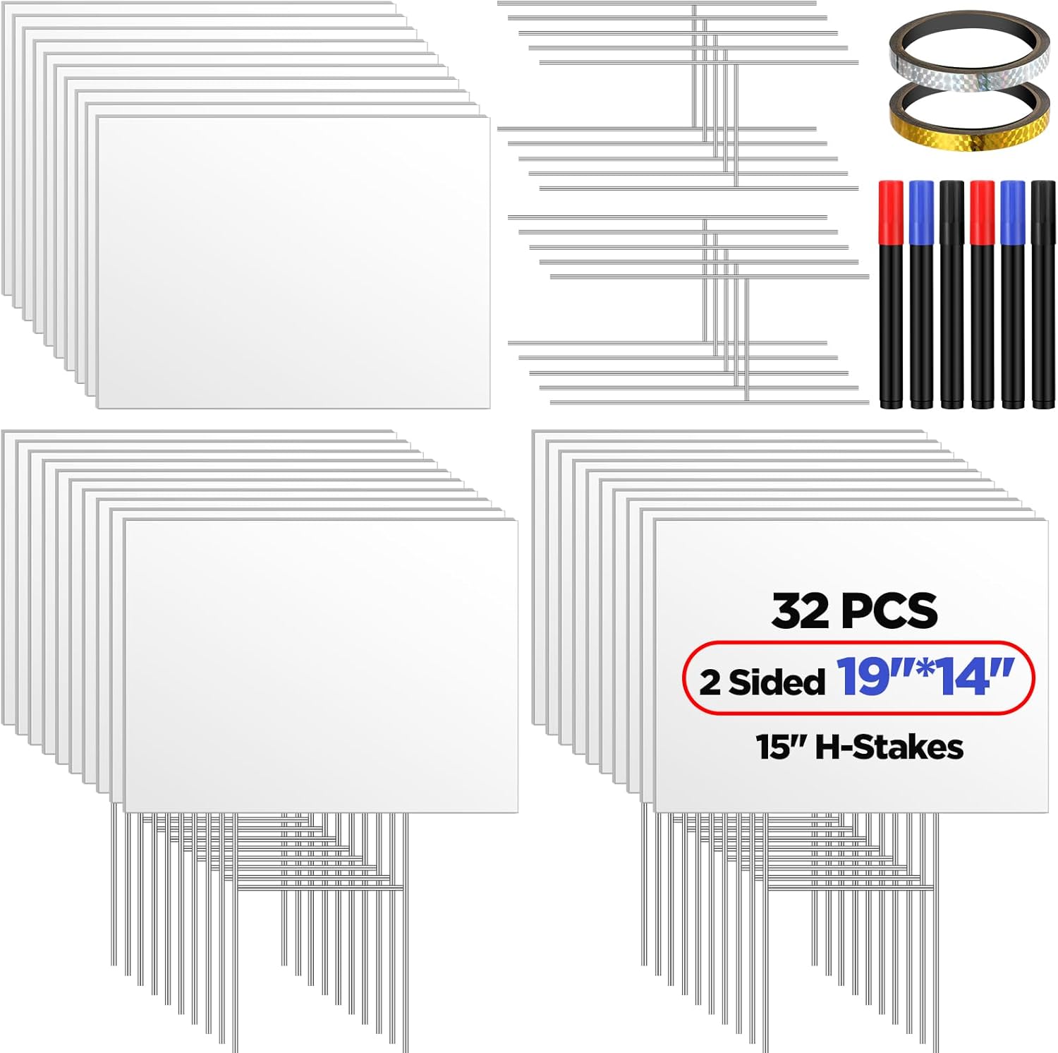 Teling 32 Pack Blank Yard Signs with Metal Stakes 19 x 14 Inch Double Sided Corrugated Lawn Sale Sign with Tape Marker Pens for Birthday Party Outdoor Garden Yard Guidepost Open House(White)