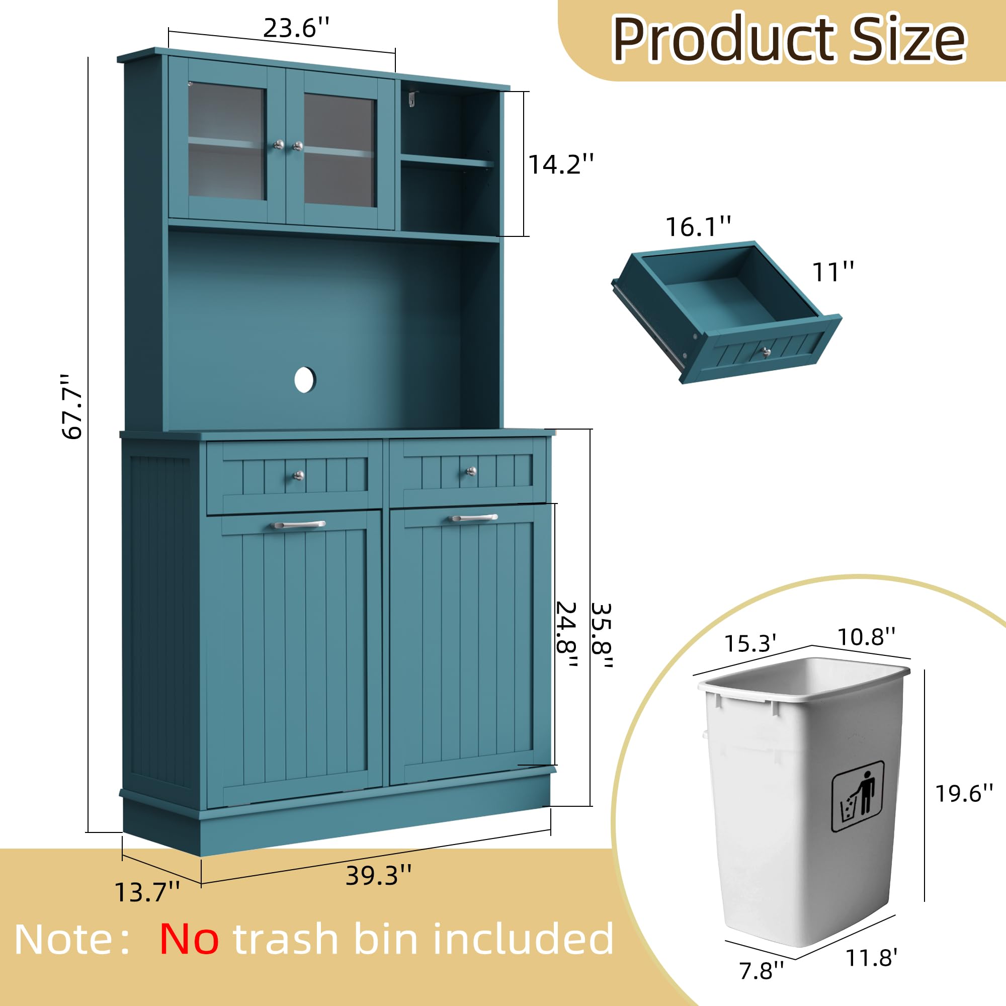 YOCONYO Double Tilt Out Trash Cabinet Storage Cabinet 20 Gallon with Two Solid Wood Hideaway Trash Holder Drawers, Dual Wooden Free Standing Recycling Cabinets Can Bin Kitchen (Teal Blue)