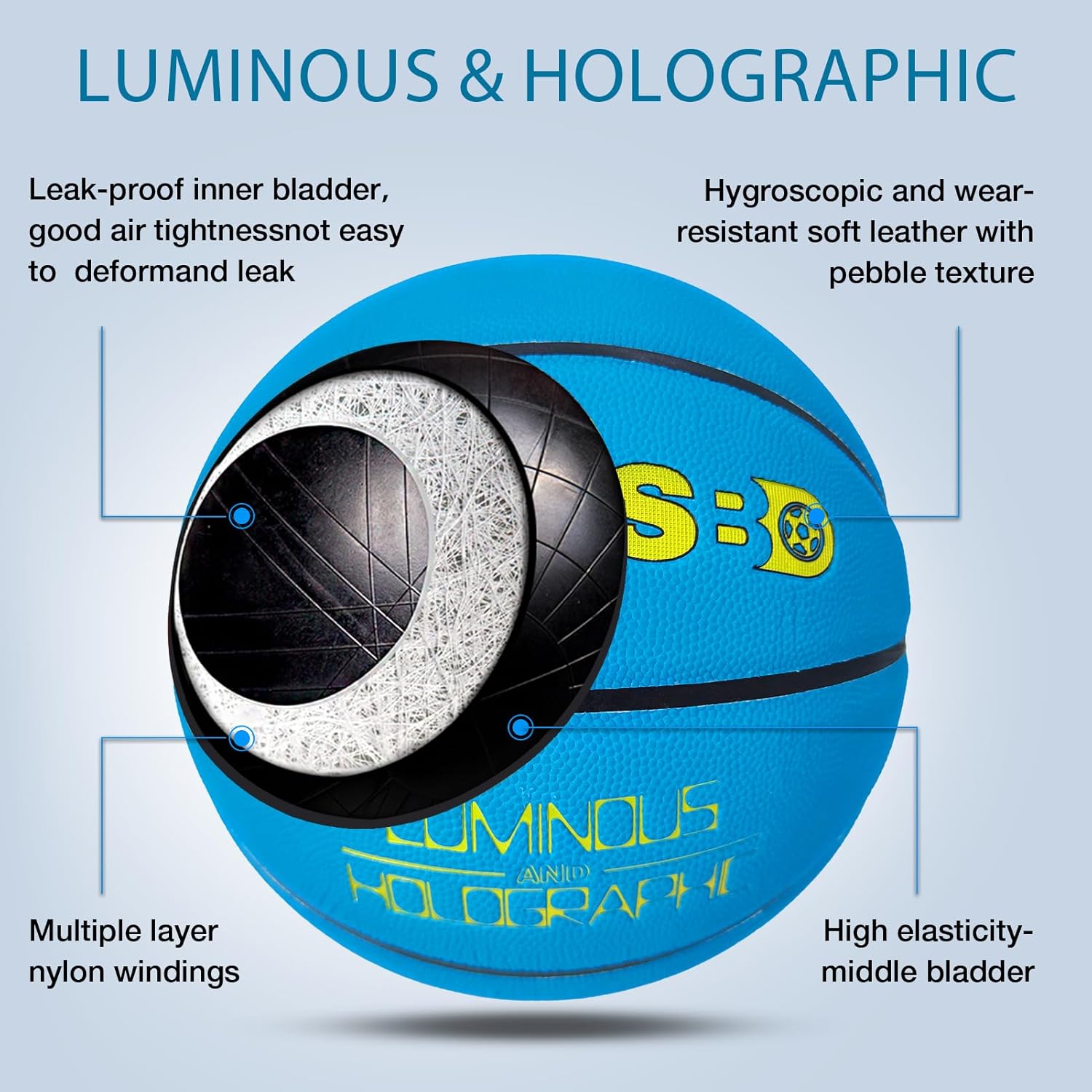 Glow in The Dark Basketball Blue, Cool Glowing Luminous Basketball with Pump and Bag Indoor Outdoor PU Leather Basketballs Size 5/6/ 7