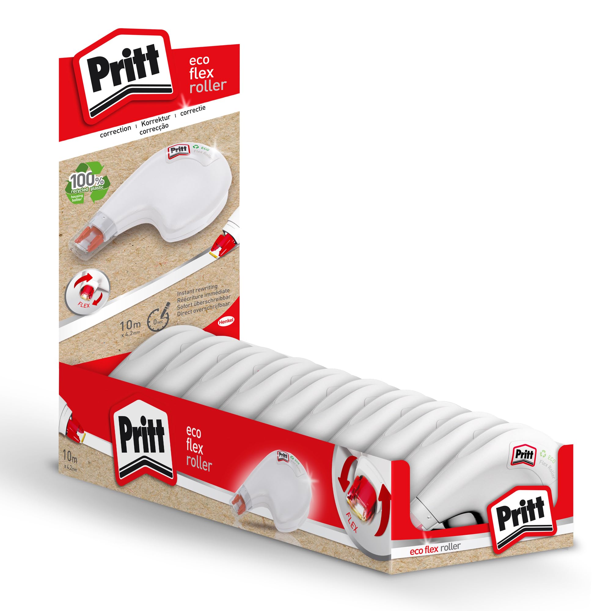Rodillo corrector Pritt ECO Flex Sideway, aplicación lateral, se puede escribir encima inmediatamente, punta flexible, anchura aprox. 4,2 mm, longitud aprox. 10 m, set económico con 10 rodillos