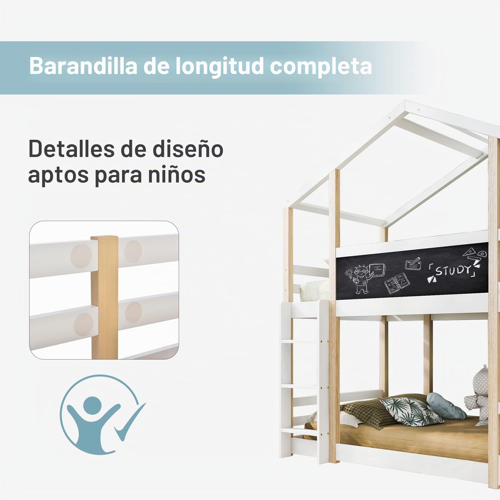 Dolamaní Cama de casa con tobogán y escalera, cama alta de 90 x 200 cm, litera con tobogán y escalera, cama alta para niños, 2 somieres, color natural y blanco