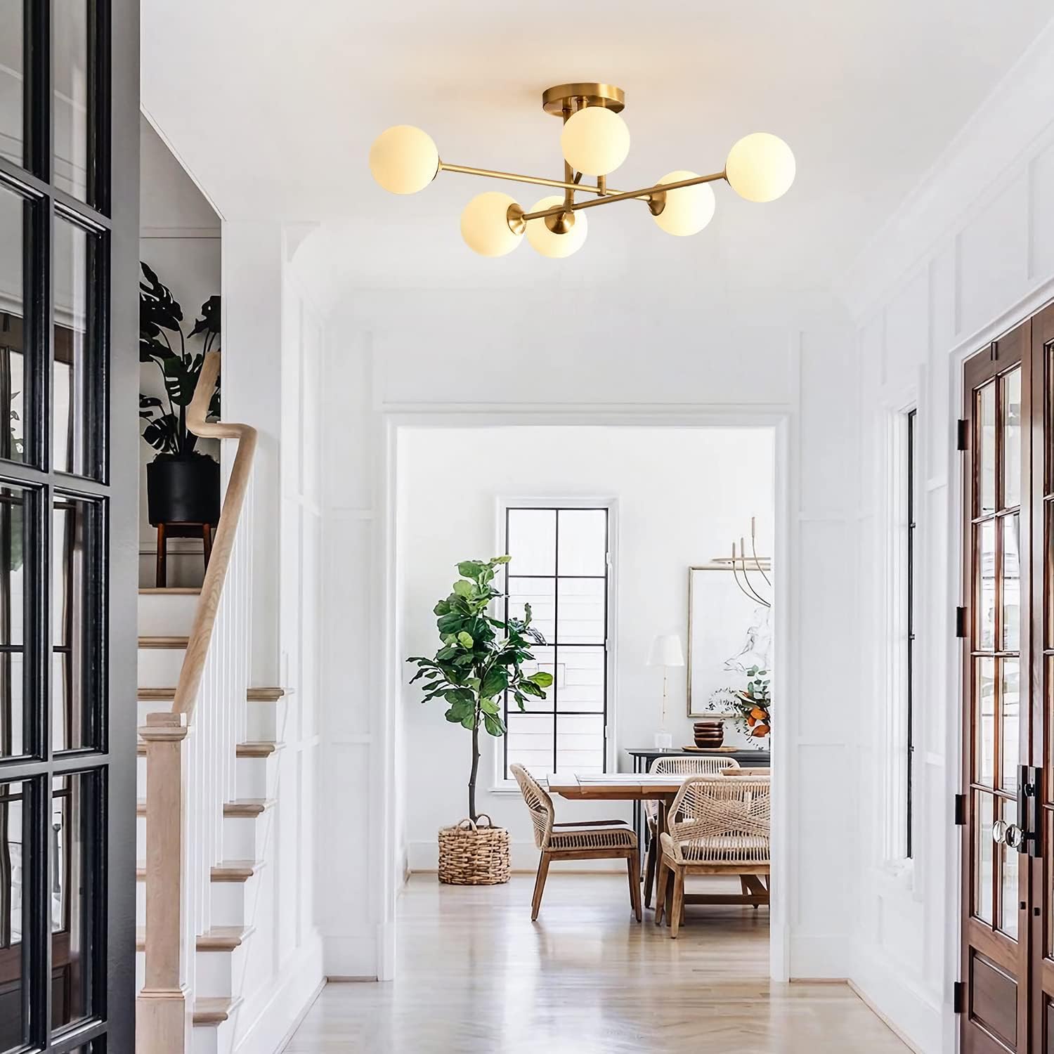 Modern Globe Sputnik Flush Mount Ceiling Light Mid Century 6-Lights Brushed Brass Gold Semi Flush Mount Ceiling Light Fixture Industrial Vintage Milk Glass Sputnik Chandeliers