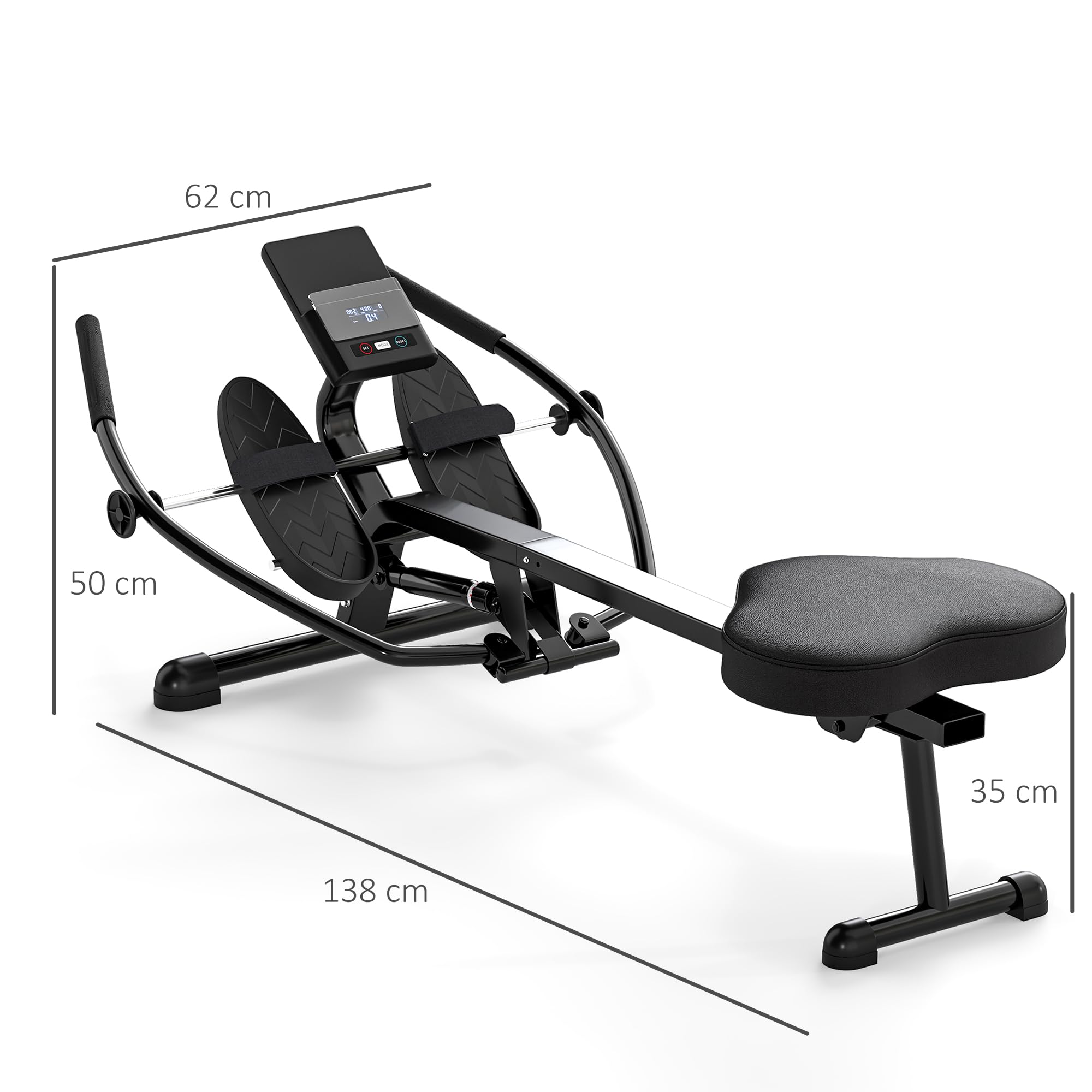 SPORTNOW Wioślarz hydrauliczny z 12 poziomami oporu Wioślarz z ekranem LCD i antypoślizgowym pedałem, maksymalne obciążenie 130 kg, trening cardio w domu, czarny