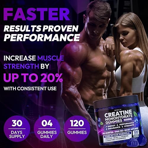 Miniatura 13 de Gomitas de creatina monohidrato complejo 9000 mg, pre-entrenamiento para hombres y mujeres, gomita de creatina con L-taurina, BCAA 2:1, B12/6