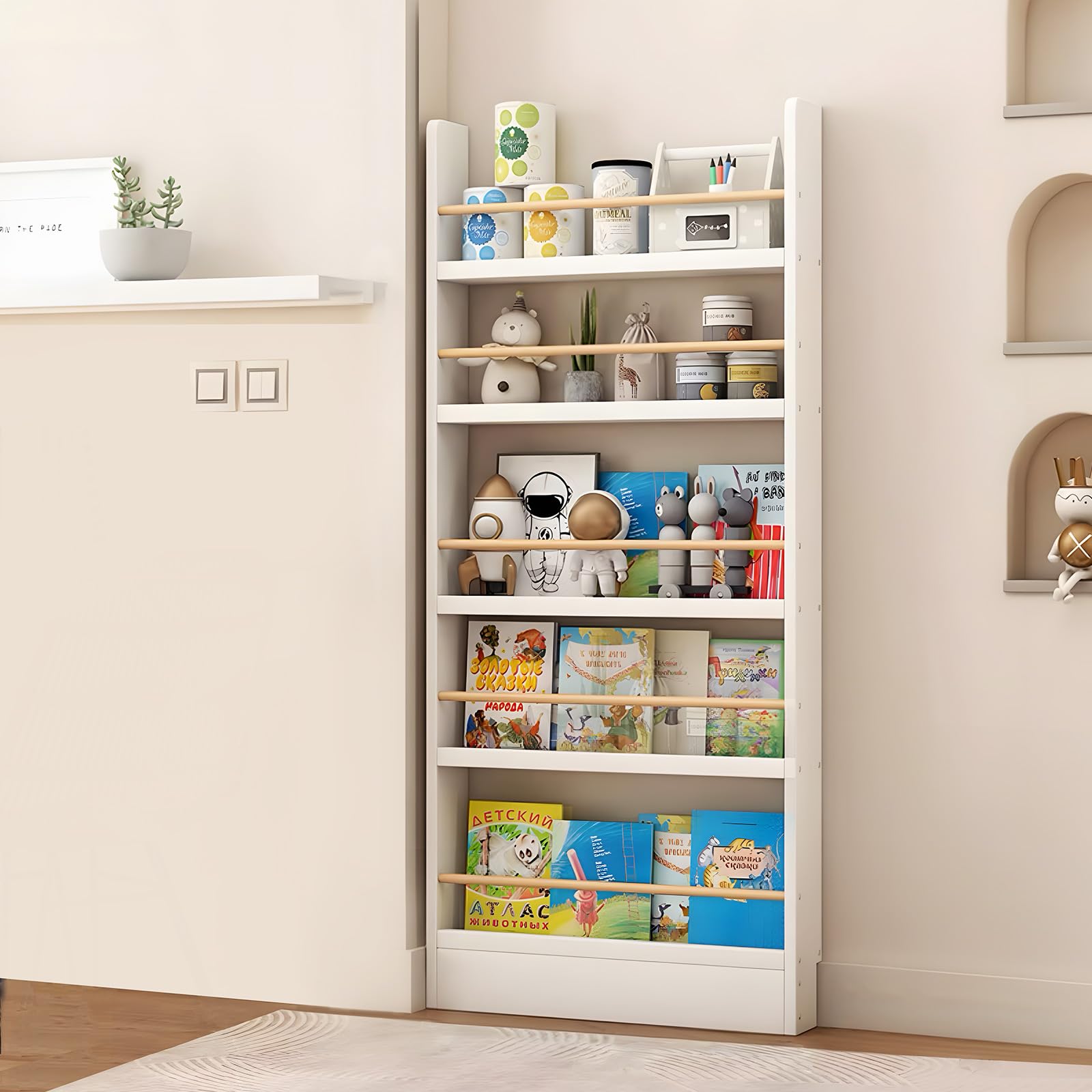 JFOZDM Kids Bookshelf, Book Shelf for Kids Room, 3/4/5/6 Tier Wall Mounted Bookshelf, Space-saving/Anti-dumping, Toy/CD/Book Organizer, Kids Bookcase for Child's Room/Home/Living Room