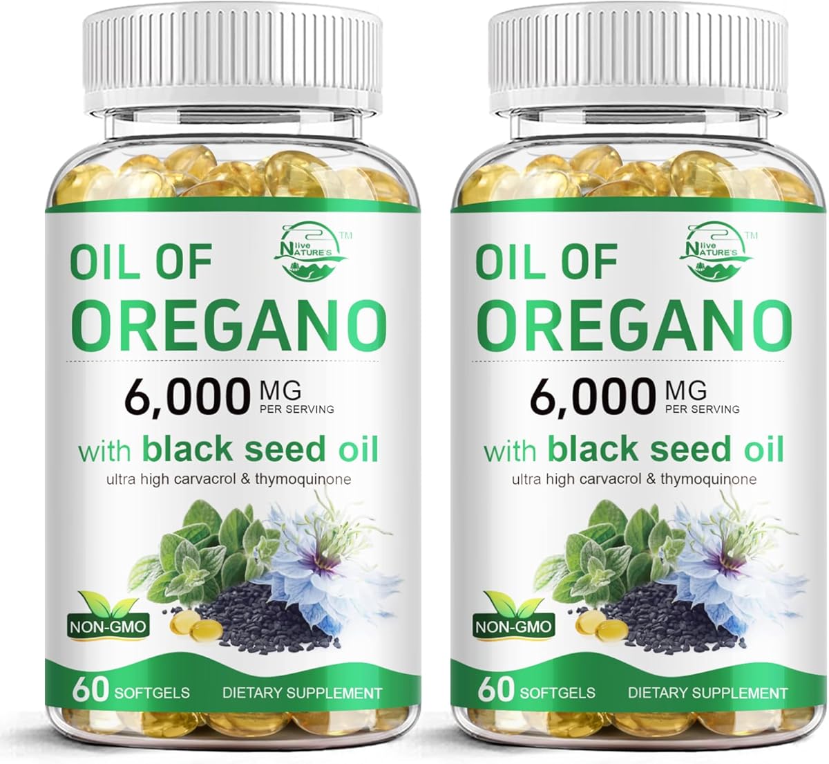 Nature's live Oil of Oregano with Black Seed Oil, 2 in 1 Oregano Supplement for Immune Health, Retains High Concentrated Carvacrol & Thymoquinone, Non-GMO, 60 Softgels, 2 Pack