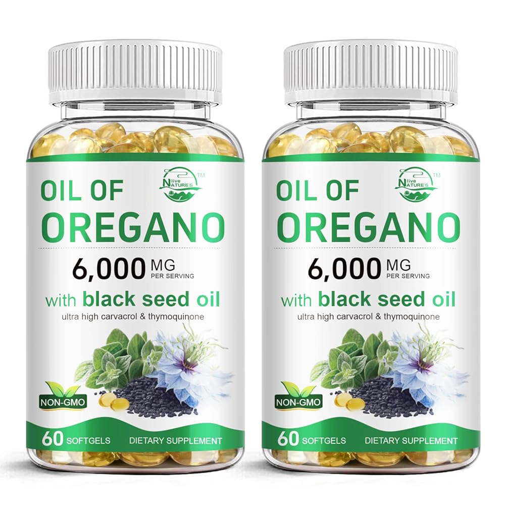 Nature\'s live Oil of Oregano with Black Seed Oil, 2 in 1 Oregano Supplement for Immune Health, Retains High Concentrated Carvacrol & Thymoquinone, Non-GMO, 60 Softgels, 2 Pack