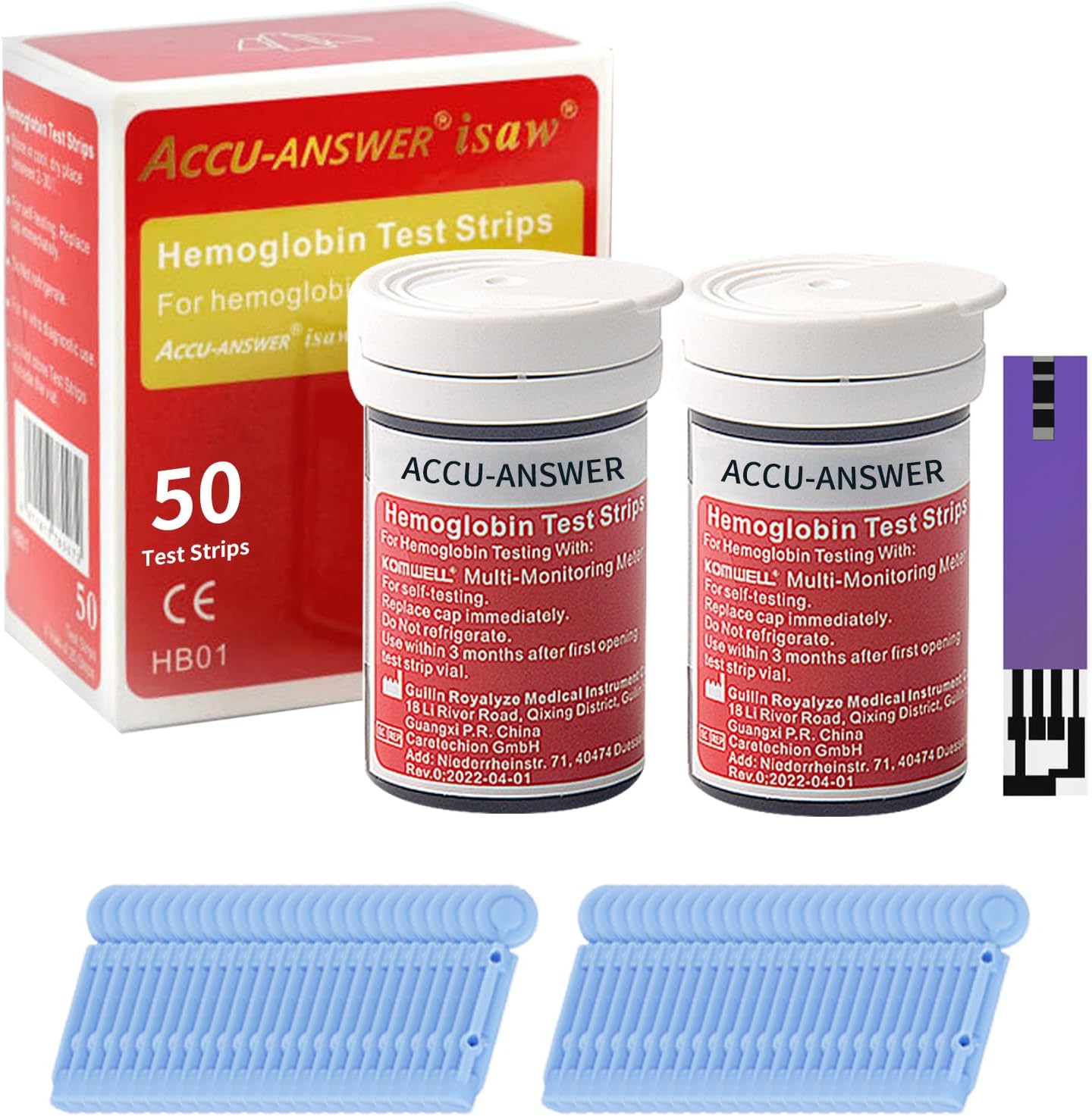 50 Test Hemoglobin Test Strips for ACCU-Answer 4-in-1 Test Meter, 50 Lancets Total Included. No Code Card Need, Accurate and Fast, Easy to Use and Read