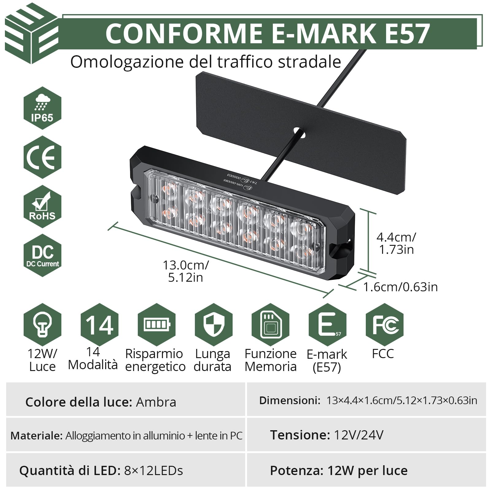 EYPINS 8 x 12 LED Luci di Avvertimento di Emergenza 12V/24V,14 Modalità Lampeggiante,Impermeabile IP65,Luce Lampeggiante per Trattore Auto Camion