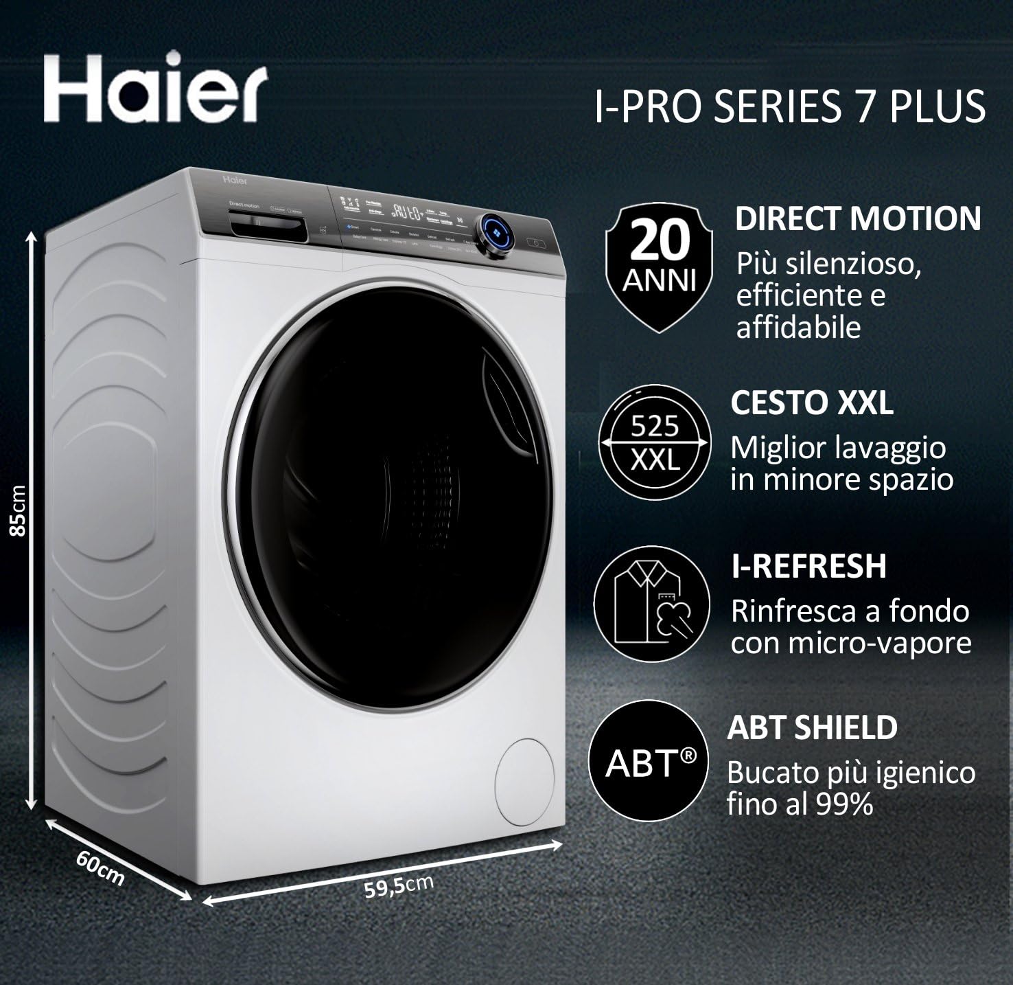 Haier, I-Pro Serie 7 Plus, HW110-B14IGIEUIT, Lavatrice a carica frontale, 11 KG, Classe A-30%, 1400 giri, 70 dB, Connessa, Vapore, 14 programmi, Partenza ritardata, Bianco, AxLxP 85x59x60 cm