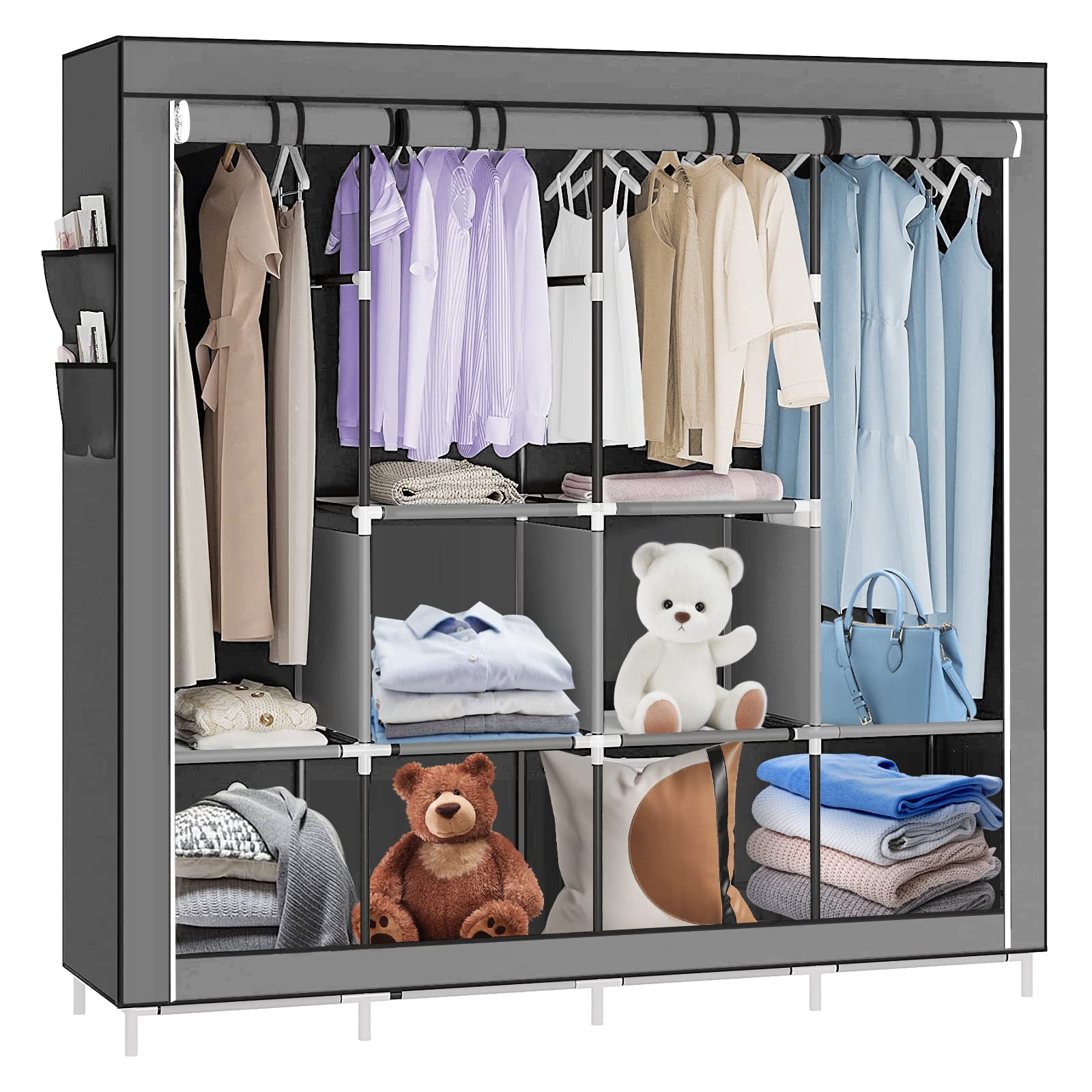 HUOLE Kleiderschrank Einfach aus Stoff Faltschrank Stoffschrank Furniture Bedroom Wardrobes-167 * 45 * 170cm – dunkelgrau