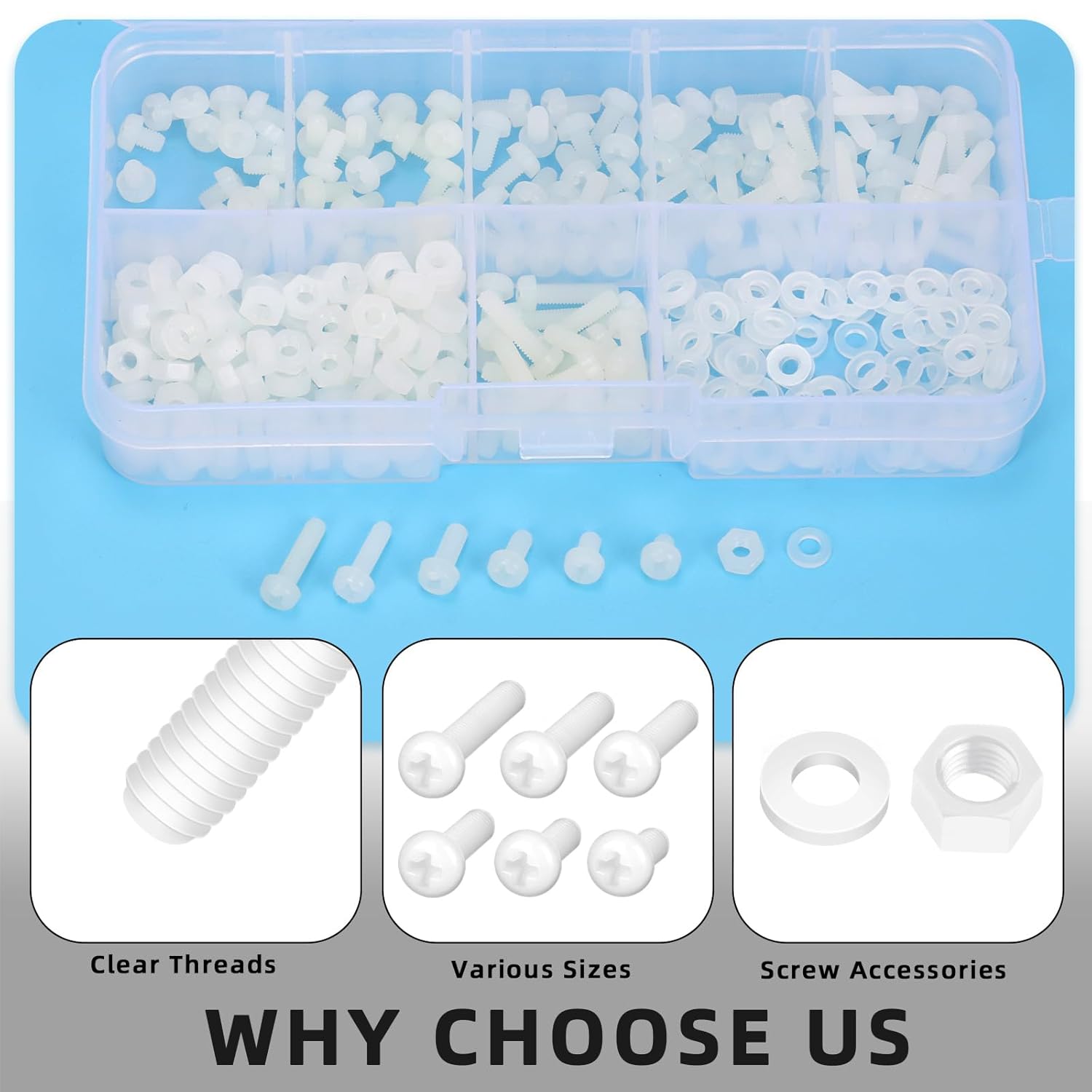 Glarks 360pcs M3 x 4/5/6/8/10/12MM Nylon Phillips Pan Head Screws Nut Washer Kit, White Nylon Phillips Cross Round Head Machine Screw for Various Industrial Fastening Applications