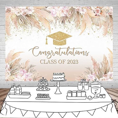 Miniatura 9 de Mocsicka Fondo de fiesta de graduación bohemio para clase de 2023, bohemio, elegante, rosa, flores doradas, gorra de despedida de soltero dorada,