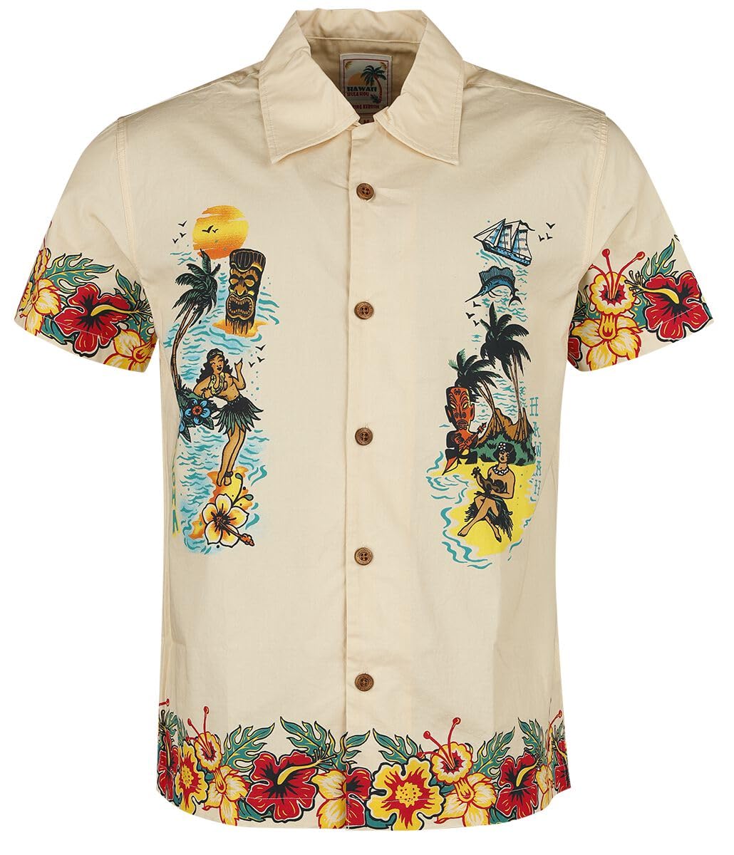 King Kerosin Men's Hawaiian Shirt | Hula Girl | Hibiscus | Rockabilly | 50S | Rock 'n'roll | Tiki | Hawaiian Shirt | Short Sleeve | Hawaiian Shirt | Short Sleeve Shirt | Tropical | Vintage | Retro