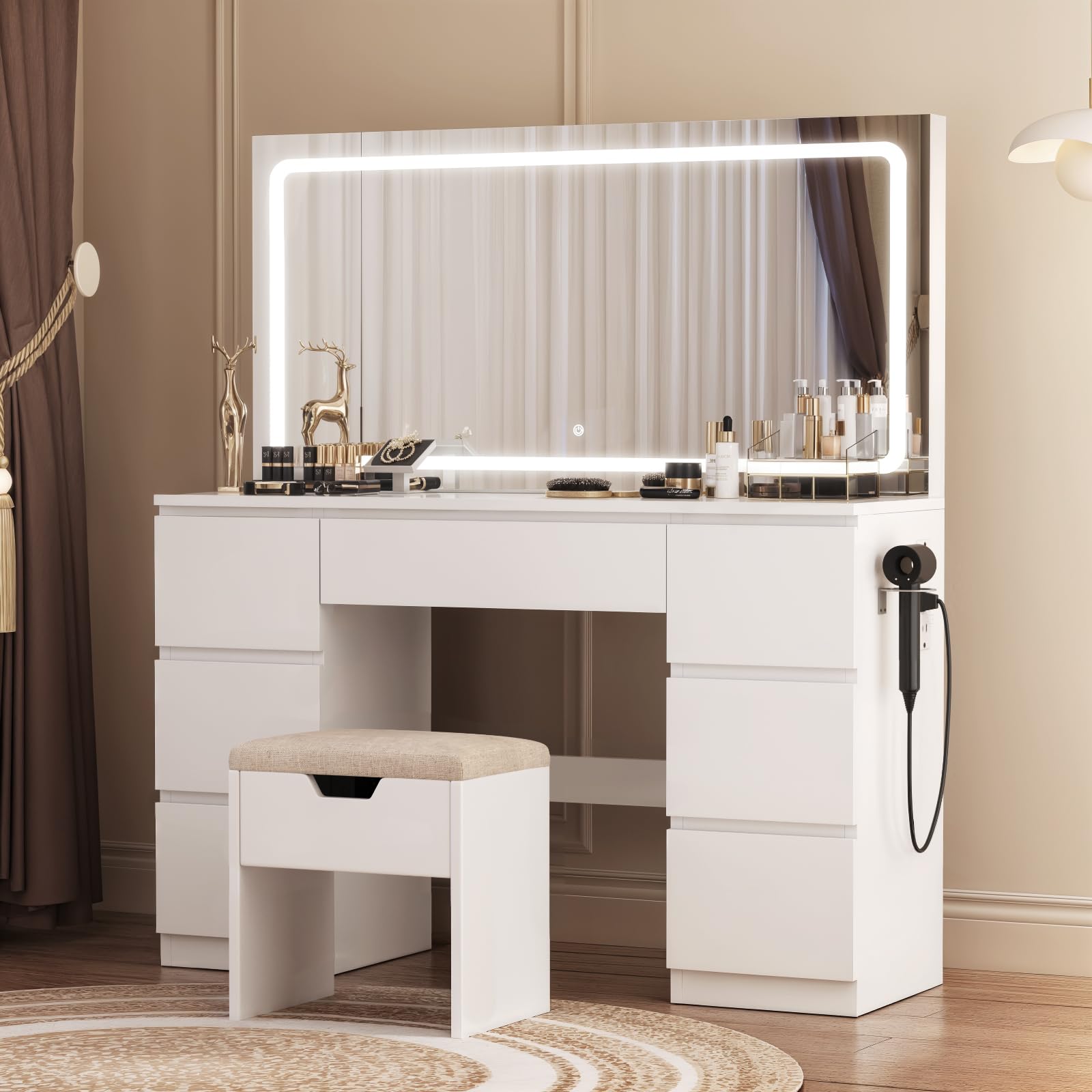 TRIUMPHKEY Dressing Table with Stool,Large LED Mirror,Adjustable Brightness,Vanity Table Makeup Desk with 7 Drawers and Power Outlet for Home Furniture,White