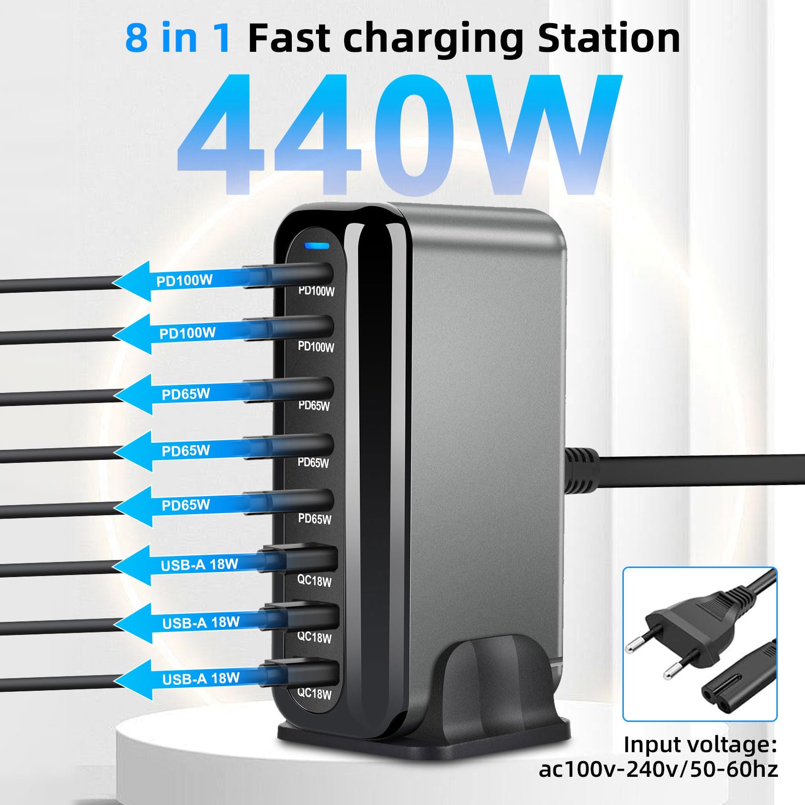 ARCELI Ładowarka USB C 440 W, 8 portów, GaN III, ładowarka USB C z 5 x USB-C PD + 3 x USB-A QC4.0, szybka ładowarka do telefonów 16/15/14 Pro Max, Samsung Galaxy, MacBook, Pad, laptop