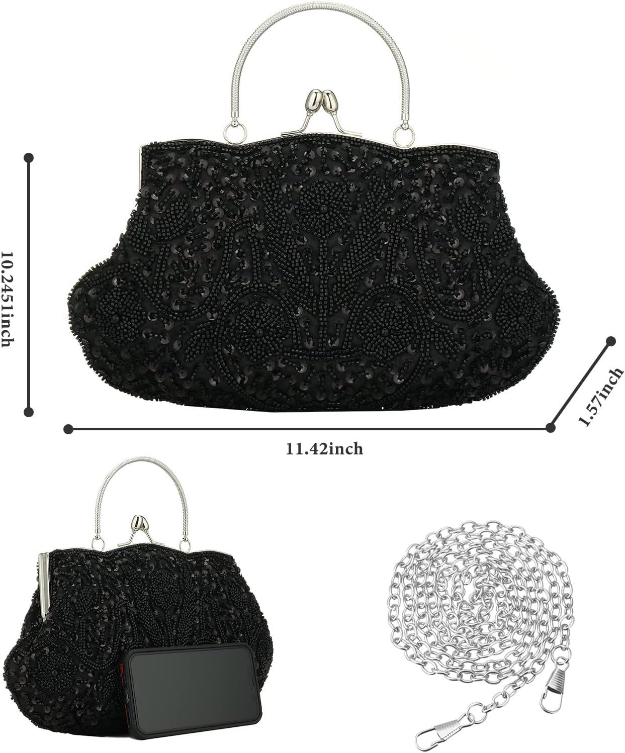 Women Vintage Beaded Evening Clutch Vintage Design Sequin Floral Top-handle Handbag Party Wedding Purse Wallet (Black) - Image 5