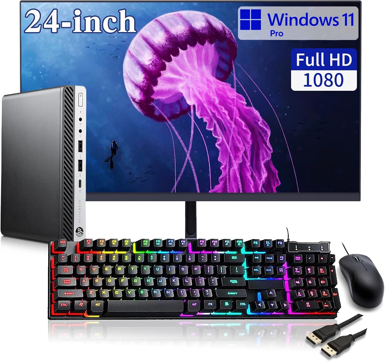 HP EliteDesk 800 G5 Mini Business Desktop PC with New 24" FHD Monitor, Core i5-9500T, 16GB RAM, 256GB SSD, Mouse & Keyboard, DP, Windows 11 Pro (Renewed)