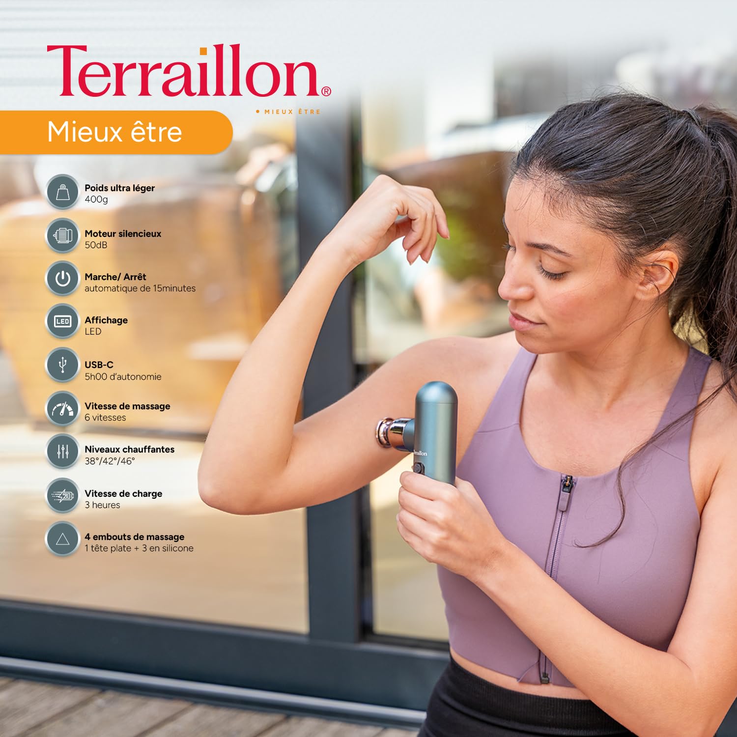 TERRAILLON Pistolet de massage, Détente, Massage, Relaxation MINI MASSAGER | 6 vitesses dont 1 lente pour massage à l'huile, 4 embouts, Surface chauffante, 800-3200 rpm, Charge USB-C, 5h autonomie