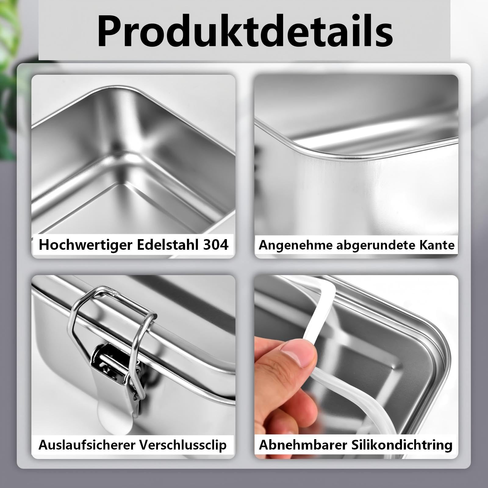 4 Stück Edelstahl-Bento-Box, 4 Größen, Metall-Lunchbox, Lebensmittelbehälter, Lunchbehälter für Zuhause, Arbeit, Camping (550 ml + 850 ml + 1400 ml + 2400 ml)