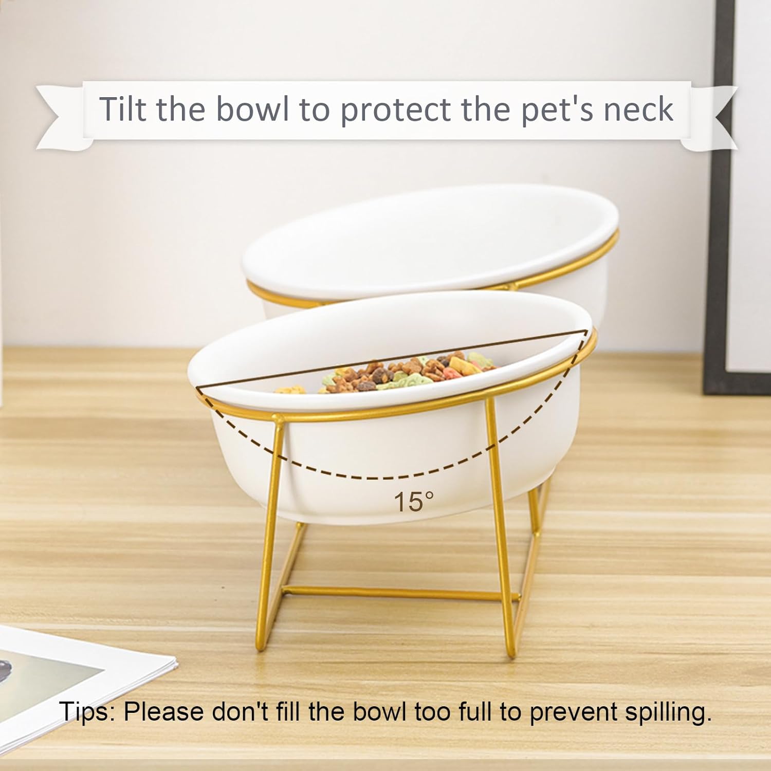 Large Small Double Elevated Dog Bowls - Raised Dog Bowl - Ceramic Dog Cat Bowl Set for Food and Water - Pet Comfort Feeding Bowls with Gold Iron Stand