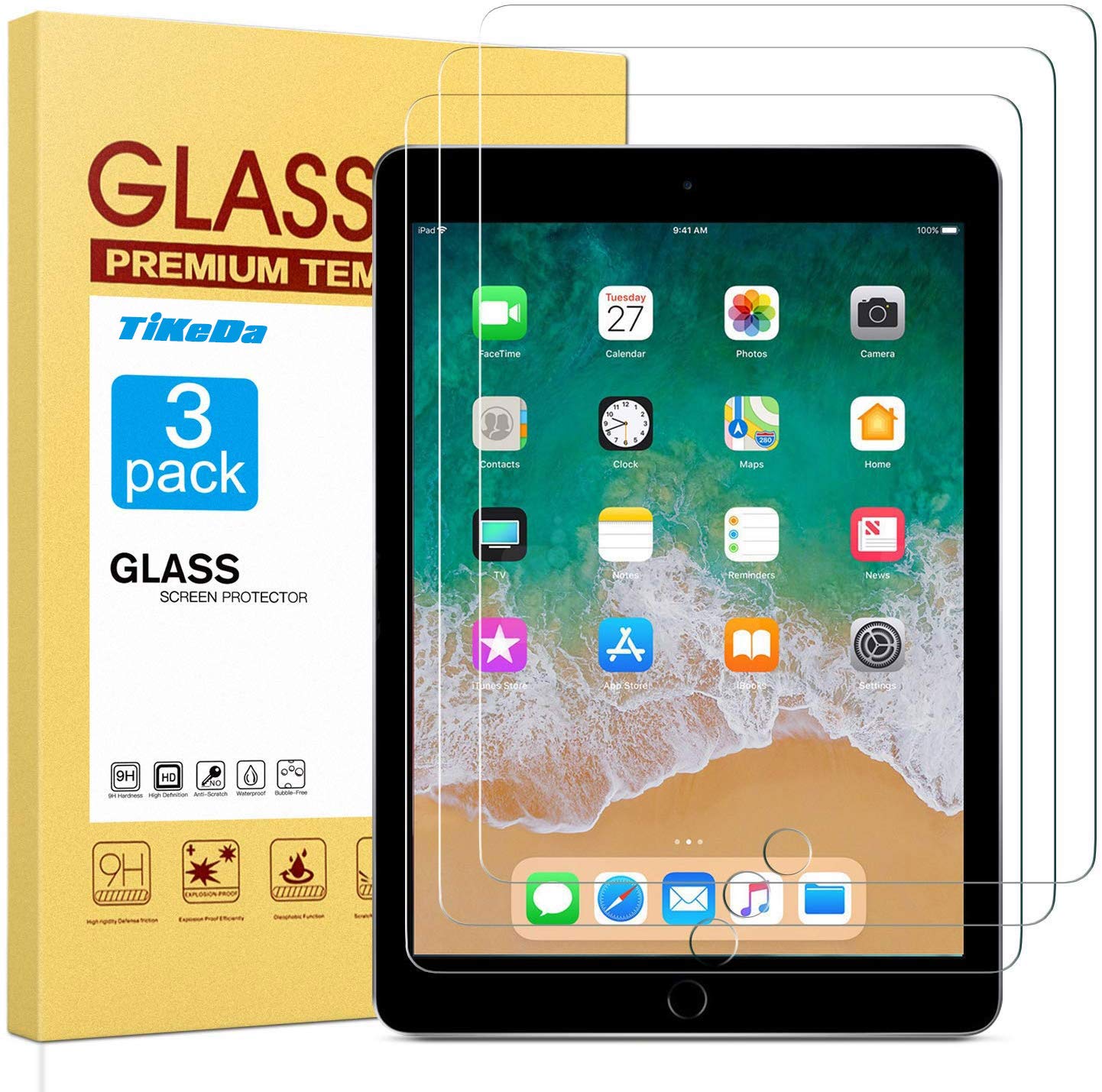 3 Pack Screen Protector for iPad (9.7-Inch,2018/2017 Model,6th/5th Generation),iPad Air 1,iPad Air 2,iPad Pro 9.7-Inch 2016,Tempered Glass Film,Apple Pencil Compatible,Case Friendly