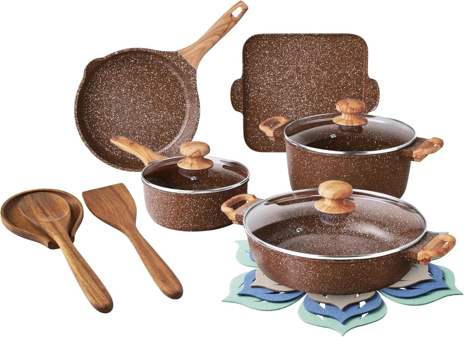Pots and Pans Set Non stick, 14-Piece Cast Aluminum Cookware, Non Stick Kitchen Cooking, with Frying Pans & cooking utensils set (Brown Speckle)